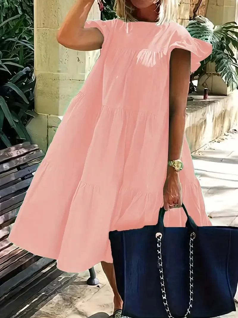 Casual Loose Ruffles Dress Women Fashion O-neck Pure Color Short Sleeve Dresses For Women 2024 Summer White Beach Sumdress