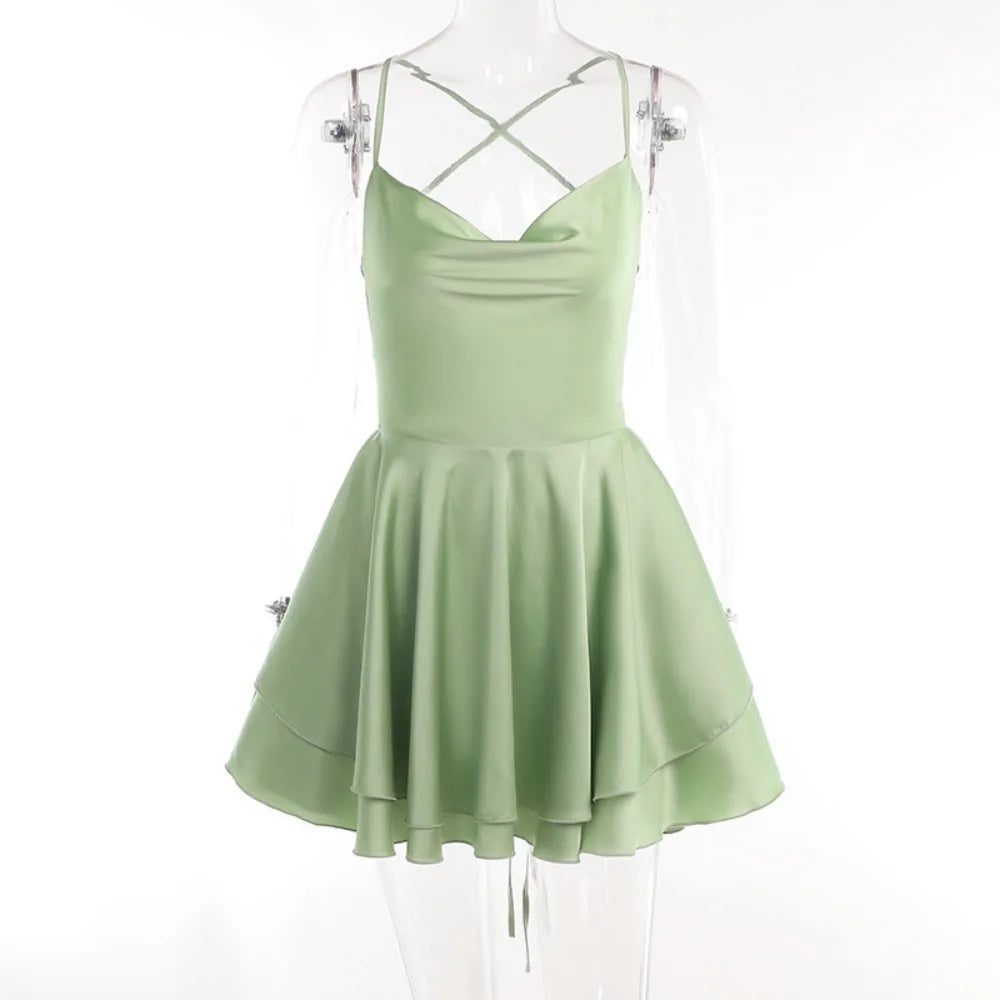 Popular Sleevesless Mini Dress Spaghetti Strap Solid Color Women Dress Sexy Tie-up Clubwear