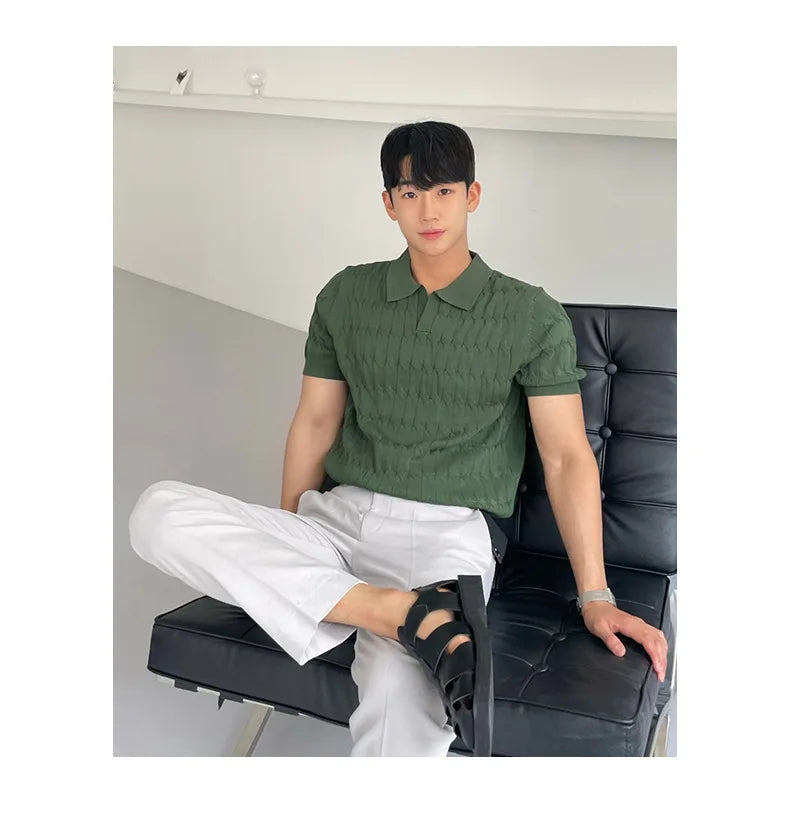 Summer Clothing Men's Luxury Knitted Jacquard Skinny Polo Shirt Korean Popular Breathable Leisure V Neck Short Sleeve Knitwear