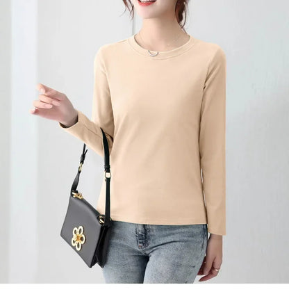 Korean Style Women's round Neck Long Sleeve Base Shirt Early Autumn New Pure Color Threaded Top Trendy T-shirt Slim Fit
