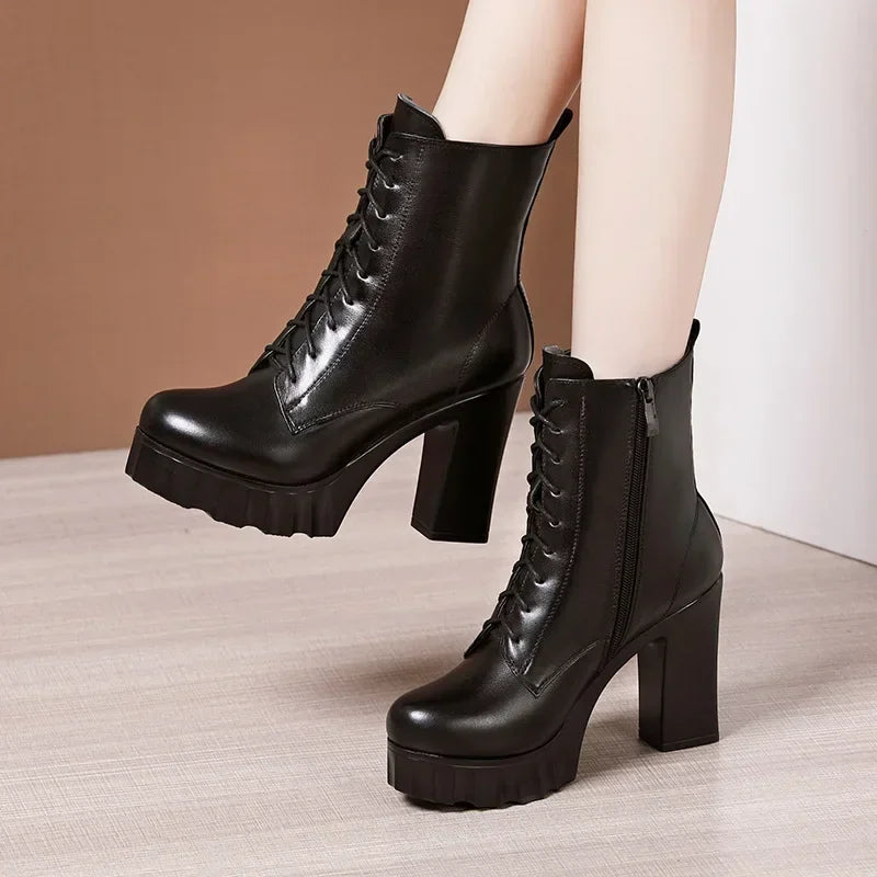 10cm Small Size 32-43 All Match Comfortable Block High Heels Shoes Fall Winter Boots 2025 Thick Platform Shoes Ankle Boots