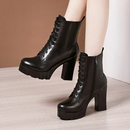 10cm Small Size 32-43 All Match Comfortable Block High Heels Shoes Fall Winter Boots 2025 Thick Platform Shoes Ankle Boots