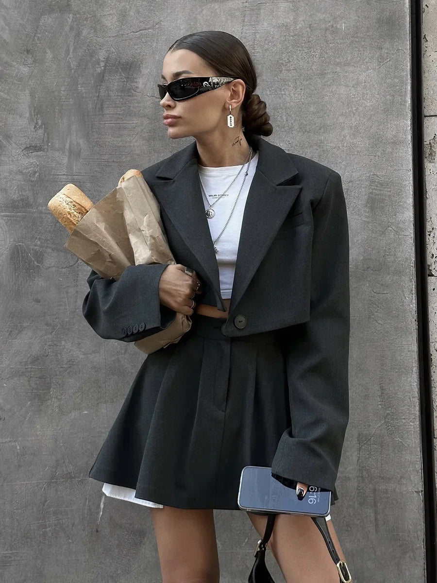 Fall Suit Skirt Suit Women's Solid Lapel Button Blazer Patchwork Pleated Skirt 2 Piece Skirt Suit FashionStreetwear Women's Y2k