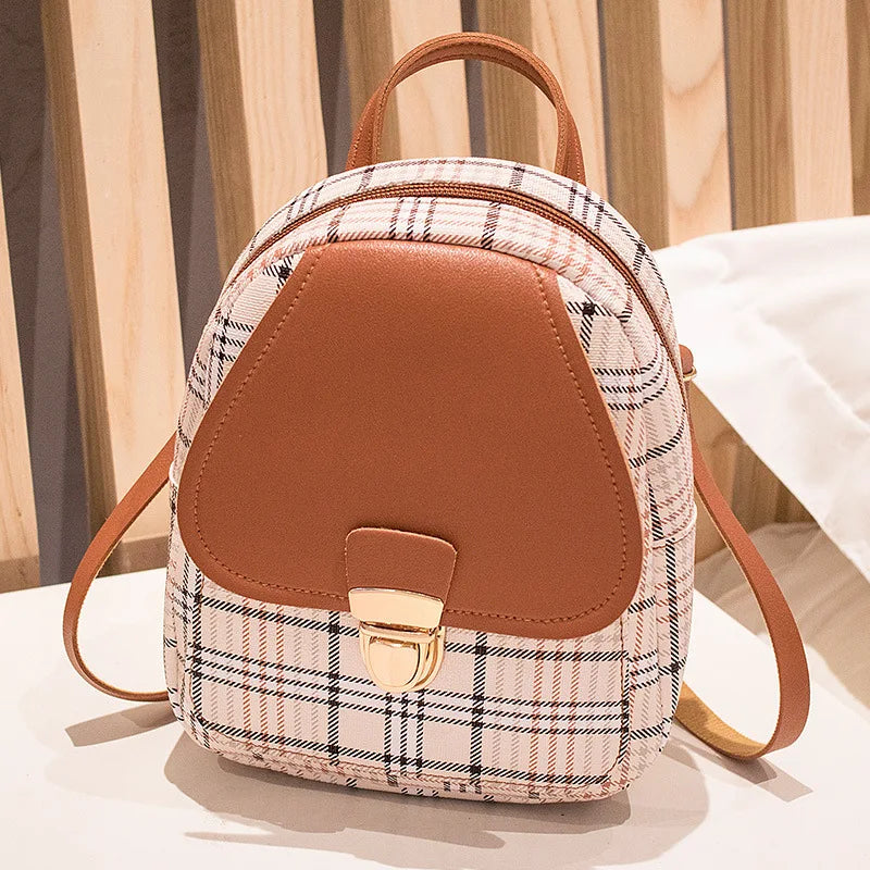 Fashionable Korean Style Small Backpack Hot Sale Of The Season Checkered Crossbody Bag Single Shoulder Phone Bag PU Material...