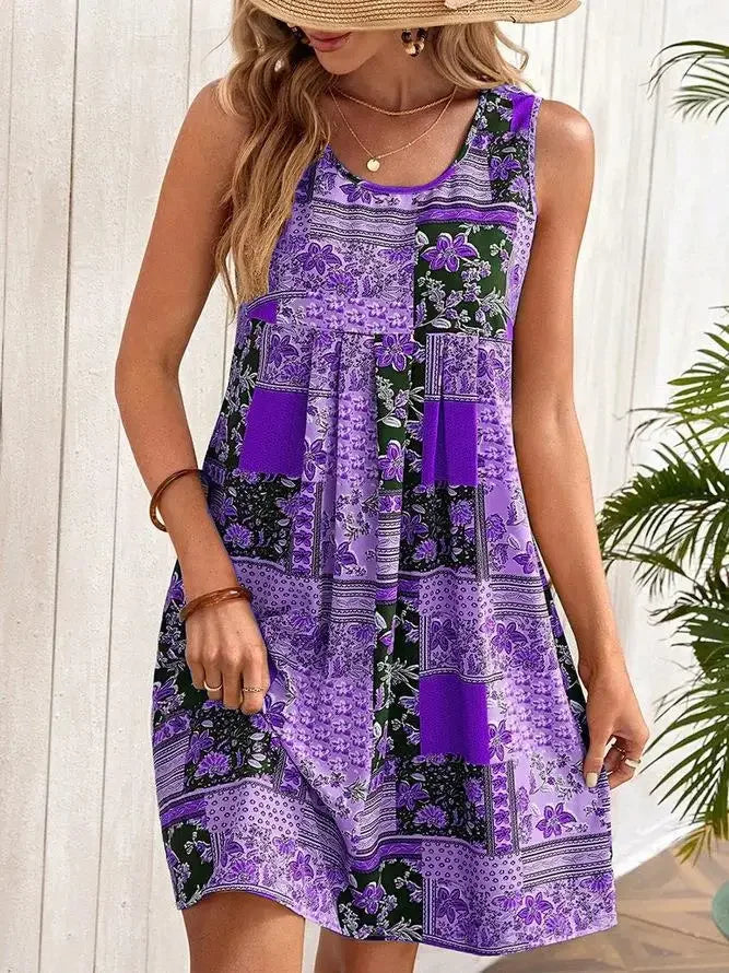 TUME Women's Fashion Print Dress Knee-Length Skirt Sleeveless Regular Waistline Cross-Border Summer New Arrival