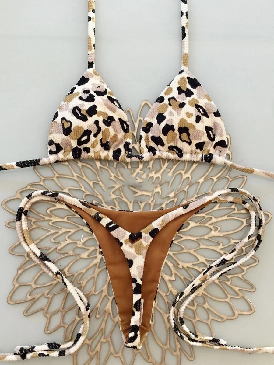 Printed Halter Wrinkled Bikinis Mini Micro Thong Bikini Female Swimsuit Women Swimwear Two-pieces Bikini Set Bathing Suit Swim