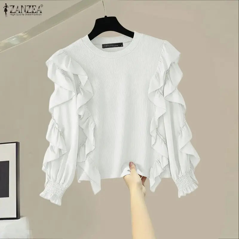 ZANZEA Woman Ruffles Trim Blouses O-Neck Long Sleeve Solid Color Ribbed Knit Patchwork Pullover Tops Spring Elegant Blusas Mujer