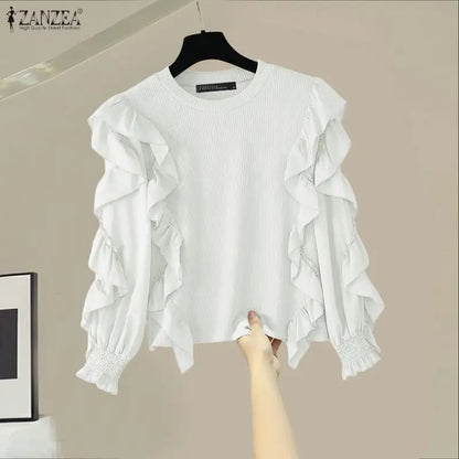 ZANZEA Woman Ruffles Trim Blouses O-Neck Long Sleeve Solid Color Ribbed Knit Patchwork Pullover Tops Spring Elegant Blusas Mujer