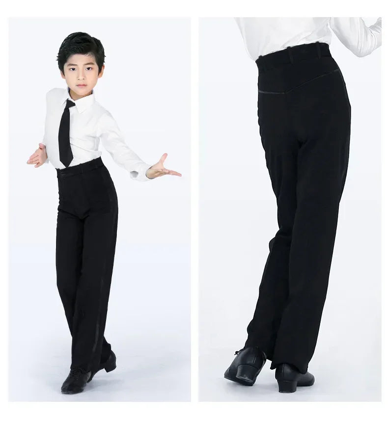 N72 Black Latin Modern Ballroom Tango Salsa Samba Trousers Practice Competition Latin Dance Pants For Men Kids Boys EJ