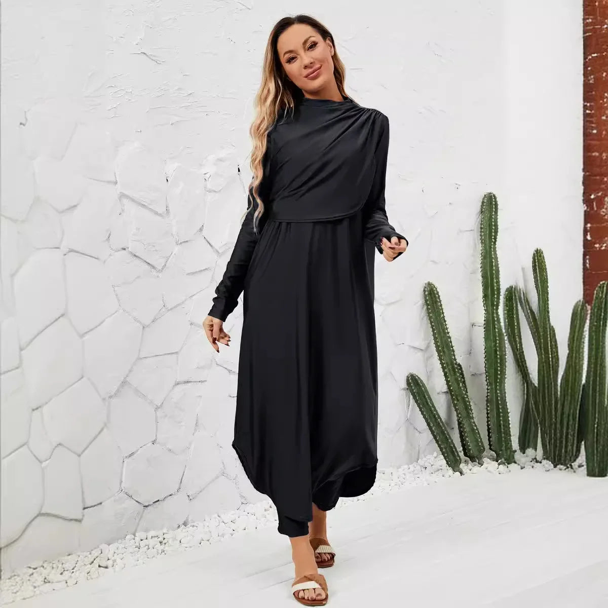 Black Modest Swimwear Women with Swim Cap 2025 Summer Swimsuit 3 Piece Set Burkini Muslim Mujer Robe Femme Musulmane Clothing