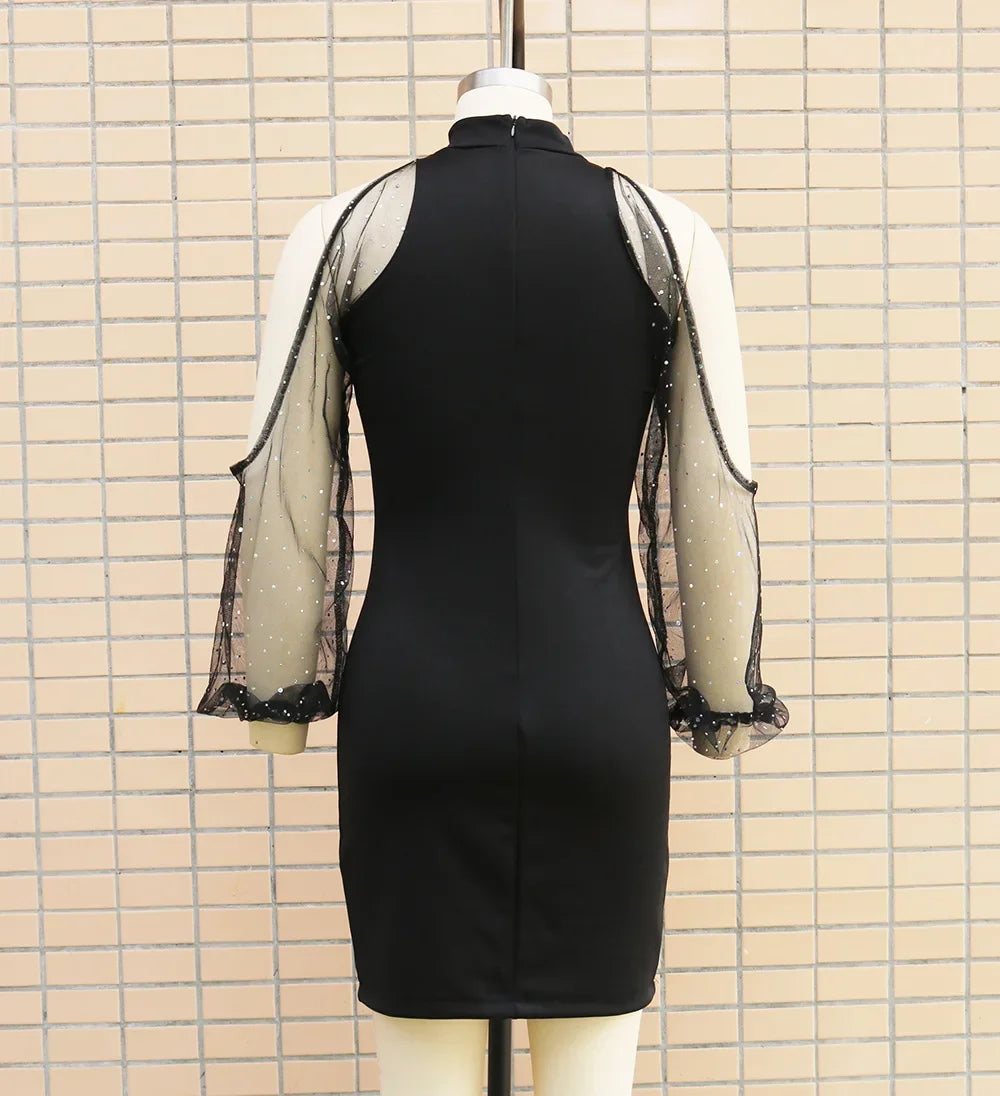Women's Fashion Slim Fit Tulle Splice Dress Elegant Personality Winter New Arrival Cross-Border Style Bodycon Mini Dress