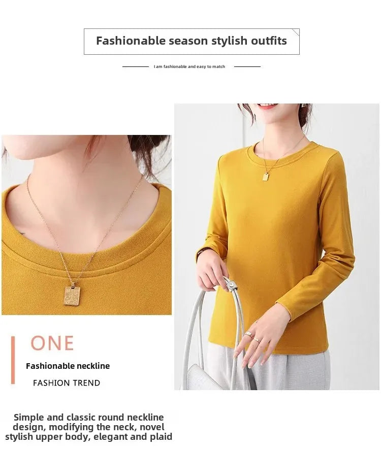Korean Style Women's round Neck Long Sleeve Base Shirt Early Autumn New Pure Color Threaded Top Trendy T-shirt Slim Fit