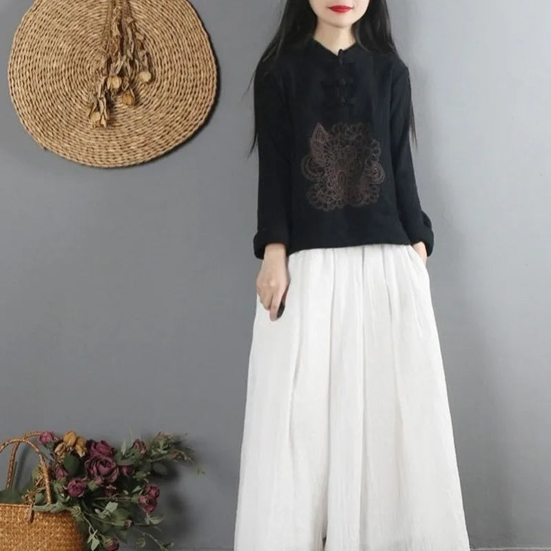 2022 Summer Chinese Style Ethnic Long Sleeve Women Retro Embroidery Blouse Red T-shirt Cotton Oversize Loose Ladies Casual Tops
