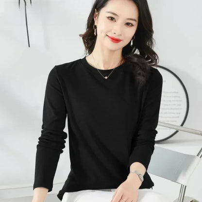 Korean Style Women's round Neck Long Sleeve Base Shirt Early Autumn New Pure Color Threaded Top Trendy T-shirt Slim Fit