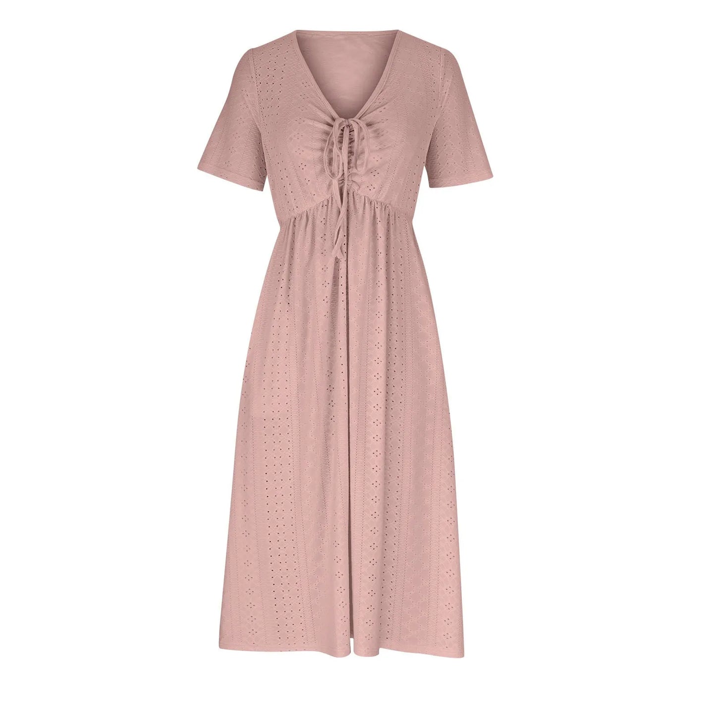 Women's Hollow Out Eyelet Beach Dress Solid Colour V-Neck Tie Short Sleeve Loose Long Dress With Pockets 2025 Boho Summer Dress