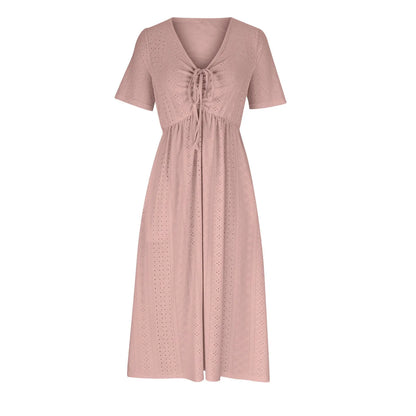 Women's Hollow Out Eyelet Beach Dress Solid Colour V-Neck Tie Short Sleeve Loose Long Dress With Pockets 2025 Boho Summer Dress