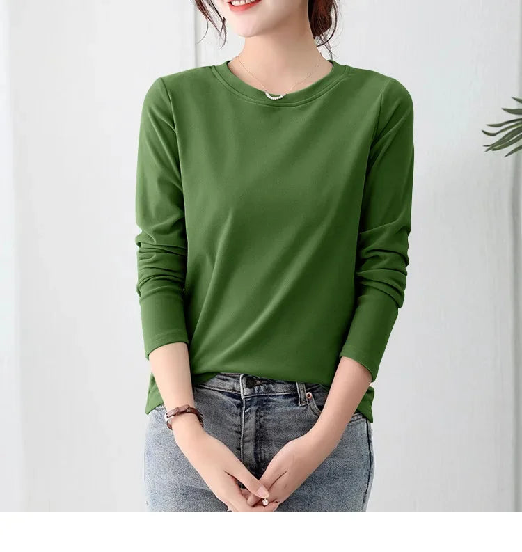 Korean Style Women's round Neck Long Sleeve Base Shirt Early Autumn New Pure Color Threaded Top Trendy T-shirt Slim Fit