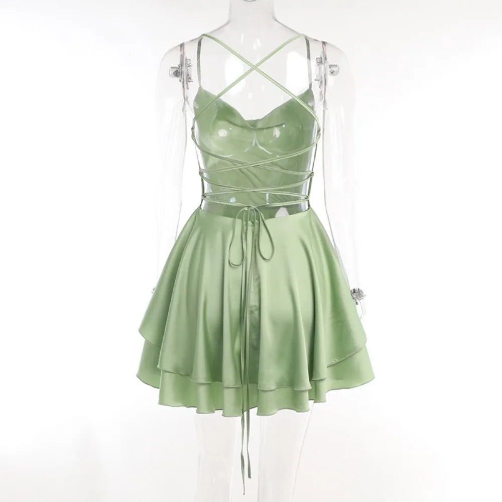Popular Sleevesless Mini Dress Spaghetti Strap Solid Color Women Dress Sexy Tie-up Clubwear
