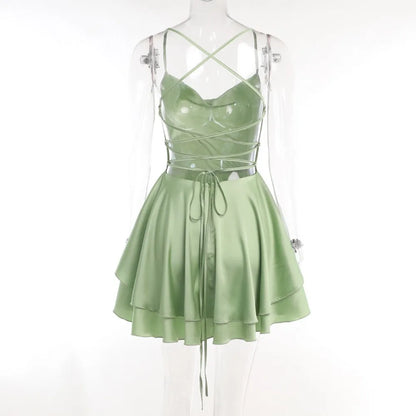 Popular Sleevesless Mini Dress Spaghetti Strap Solid Color Women Dress Sexy Tie-up Clubwear