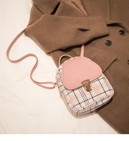 Fashionable Korean Style Small Backpack Hot Sale Of The Season Checkered Crossbody Bag Single Shoulder Phone Bag PU Material...