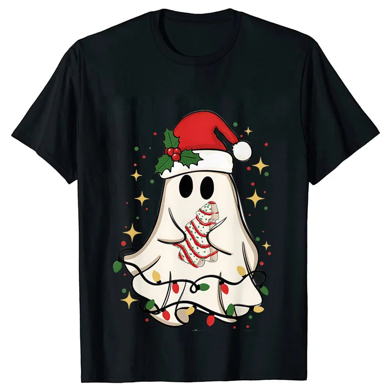 Christmas Ghost Short Sleeved Cute Ghost Printed Women's Loose and Comfortable Large T-shirt Party Clothing Women's Clothing