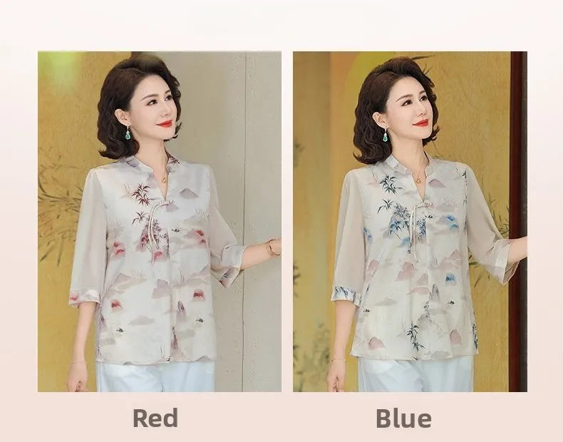 New Chinese Style Floral Print Chiffon Shirt Half Sleeve Women's Middle-Aged Spring Summer Top Mom's Fashionable Small Shirt