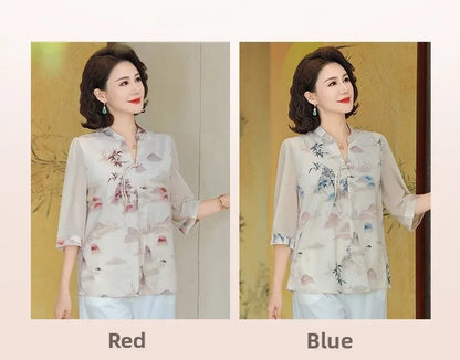 New Chinese Style Floral Print Chiffon Shirt Half Sleeve Women's Middle-Aged Spring Summer Top Mom's Fashionable Small Shirt