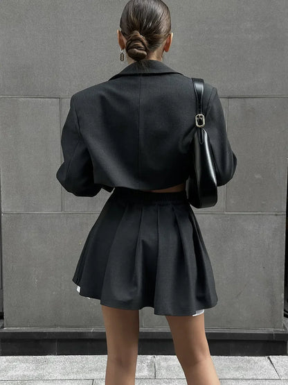 Fall Suit Skirt Suit Women's Solid Lapel Button Blazer Patchwork Pleated Skirt 2 Piece Skirt Suit FashionStreetwear Women's Y2k