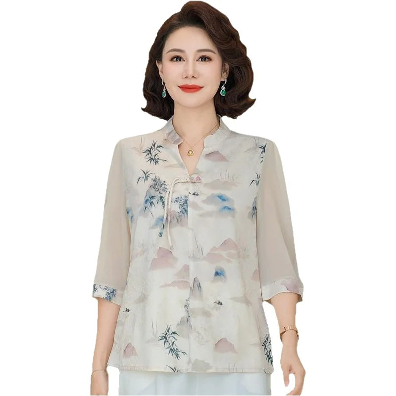 New Chinese Style Floral Print Chiffon Shirt Half Sleeve Women's Middle-Aged Spring Summer Top Mom's Fashionable Small Shirt