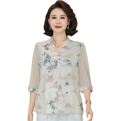 New Chinese Style Floral Print Chiffon Shirt Half Sleeve Women's Middle-Aged Spring Summer Top Mom's Fashionable Small Shirt