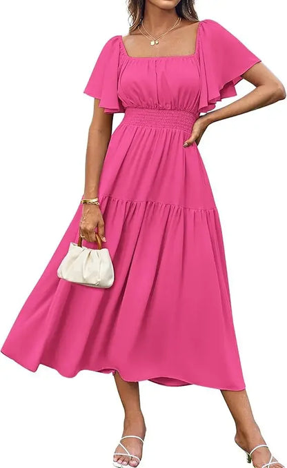 Elegant Summer Long Skirt for Women with Puffy Sleeves Square Collar Gathered Waist Loose Fit Knee-Length Holiday Dress