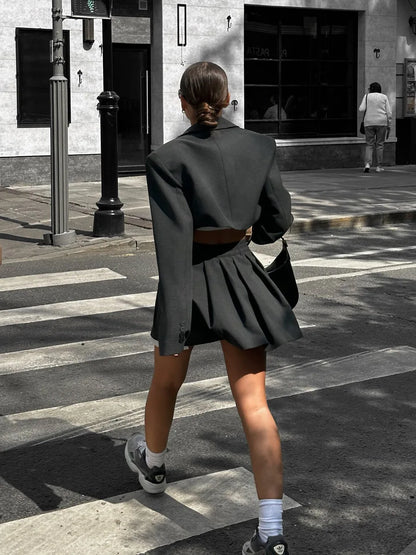 Blubelle Women Stylish Short Blazer Sets Crop Blazer Jackets & Pleated Mini Skirt 2 Pieces Sets Two Piece Sets Womens Outifits