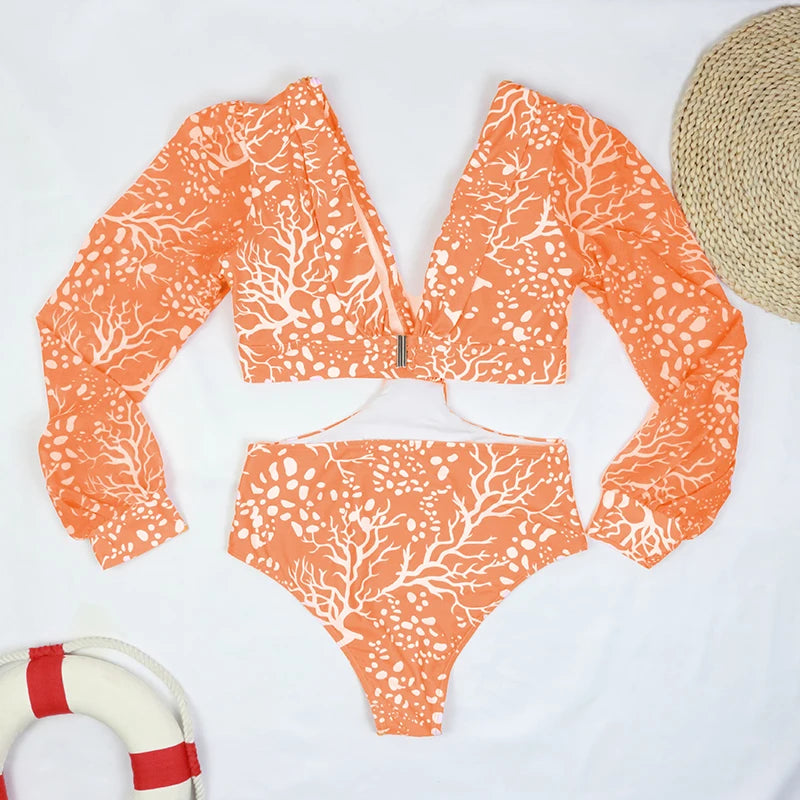 Women's Swimsuit 2024 Long Sleeve Rash Guard Bikini Surfing Suit One Piece Bodysuit Print Brasileño Push up Monokini Swimwear