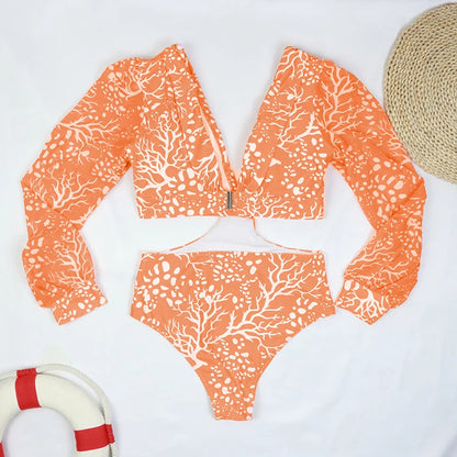 Women's Swimsuit 2024 Long Sleeve Rash Guard Bikini Surfing Suit One Piece Bodysuit Print Brasileño Push up Monokini Swimwear