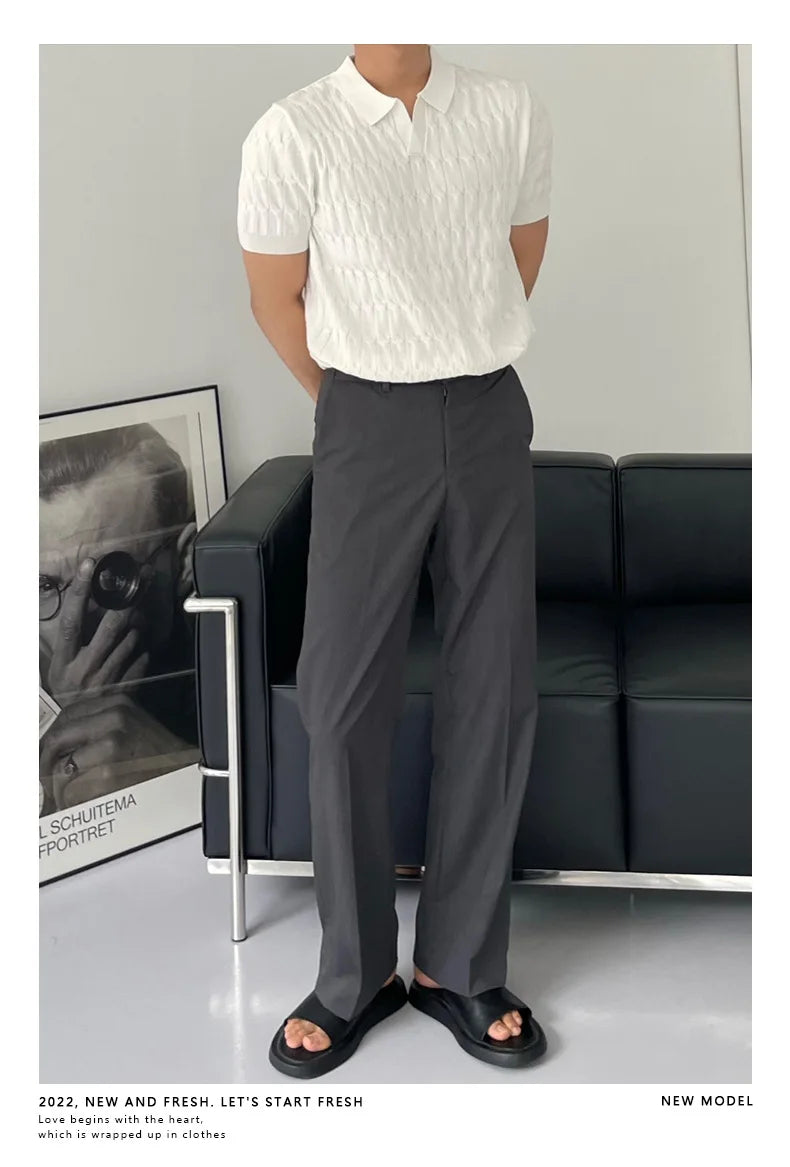 Summer Clothing Men's Luxury Knitted Jacquard Skinny Polo Shirt Korean Popular Breathable Leisure V Neck Short Sleeve Knitwear