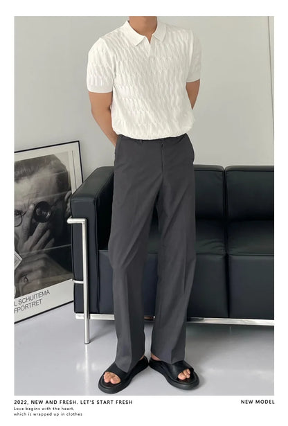 Summer Clothing Men's Luxury Knitted Jacquard Skinny Polo Shirt Korean Popular Breathable Leisure V Neck Short Sleeve Knitwear