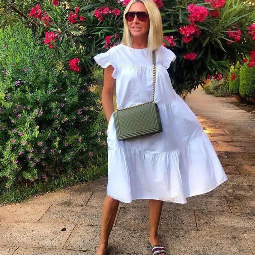Casual Loose Ruffles Dress Women Fashion O-neck Pure Color Short Sleeve Dresses For Women 2024 Summer White Beach Sumdress