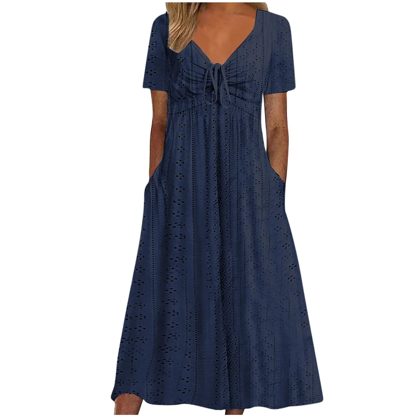 Women's Hollow Out Eyelet Beach Dress Solid Colour V-Neck Tie Short Sleeve Loose Long Dress With Pockets 2025 Boho Summer Dress