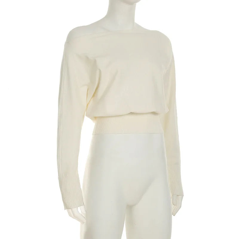 One Shoulder Beige Knitted Sweater Women's Pull Waist One-Shoulder Sweatshirt Jumper Pulls Spring Clothes 2026 Pullover Y2K New