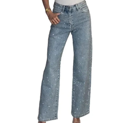 Straight Jeans for Women Diamonds Pants Stretch High Waist Washed Distressed Pockets Vintage Denims Streetwear Female Trousers