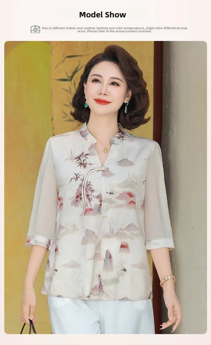 New Chinese Style Floral Print Chiffon Shirt Half Sleeve Women's Middle-Aged Spring Summer Top Mom's Fashionable Small Shirt
