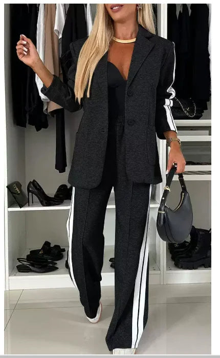 Casual Two Piece Sets Womens Outifits Fall Long Sleeved Patchwork Double Breasted Suit Coat Loose Pant Two-piece Set Winter 2024