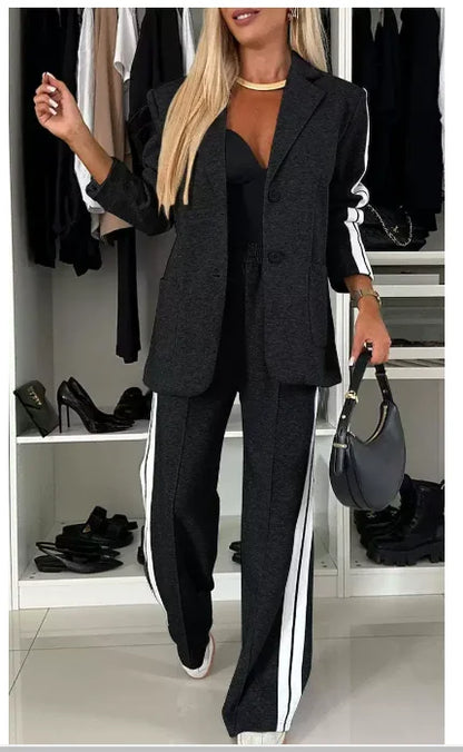 Casual Two Piece Sets Womens Outifits Fall Long Sleeved Patchwork Double Breasted Suit Coat Loose Pant Two-piece Set Winter 2024