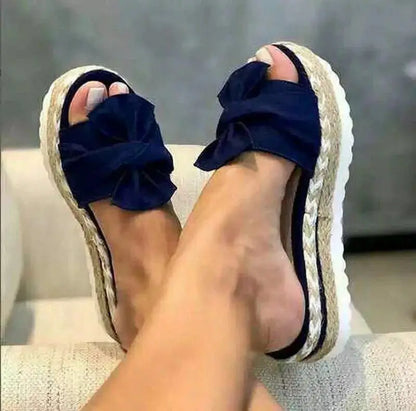 Women's Summer 2025 Thick Heel Slippers Butterfly Knot Sandal Rope Large Size Beach Slippers Comfortable round Toe Rubber Sole