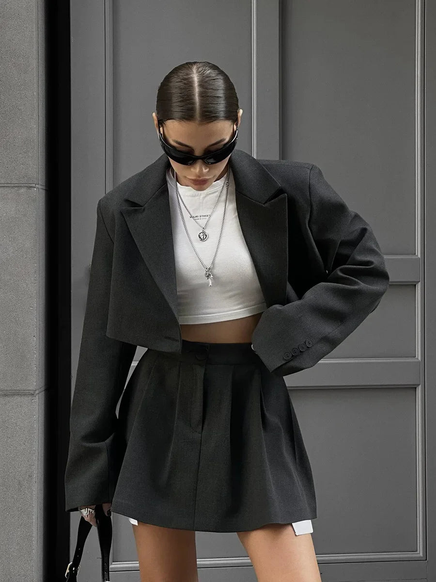 Blubelle Women Stylish Short Blazer Sets Crop Blazer Jackets & Pleated Mini Skirt 2 Pieces Sets Two Piece Sets Womens Outifits