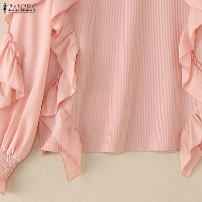 ZANZEA Woman Ruffles Trim Blouses O-Neck Long Sleeve Solid Color Ribbed Knit Patchwork Pullover Tops Spring Elegant Blusas Mujer