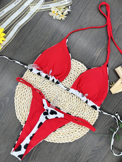 Printed Halter Wrinkled Bikinis Mini Micro Thong Bikini Female Swimsuit Women Swimwear Two-pieces Bikini Set Bathing Suit Swim