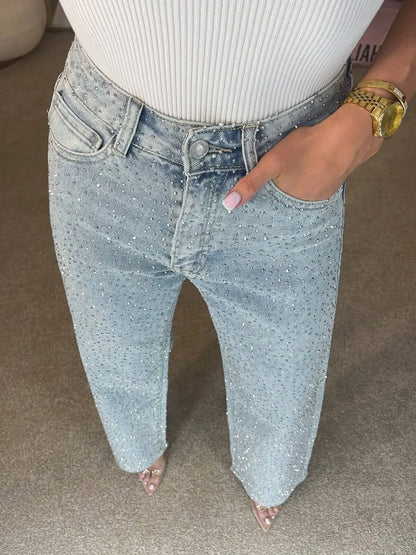 Straight Jeans for Women Diamonds Pants Stretch High Waist Washed Distressed Pockets Vintage Denims Streetwear Female Trousers