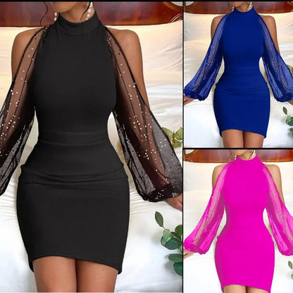 Women's Fashion Slim Fit Tulle Splice Dress Elegant Personality Winter New Arrival Cross-Border Style Bodycon Mini Dress