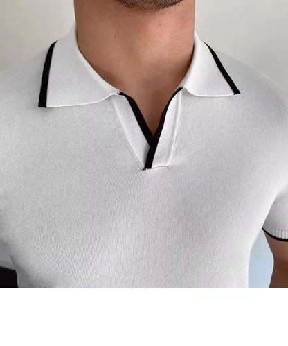 Summer Men's Knit Short Sleeve Polo Shirt Korean Style Slim Fit Solid Color Ice Silk Casual T-shirt Base Layer Top